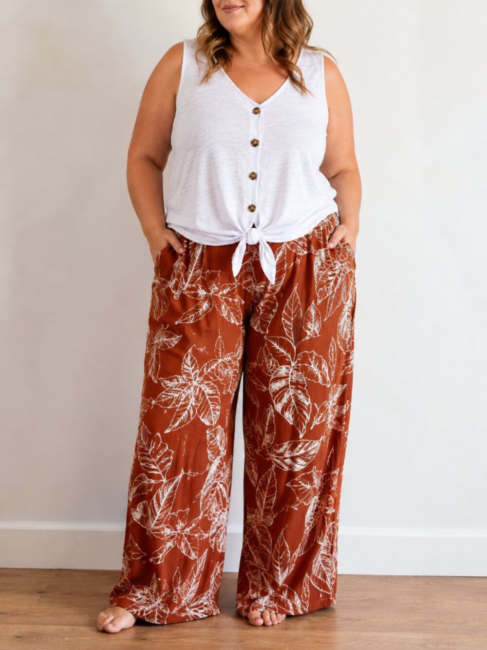 Polagram 2X Rust Tropical Leaf Print Wide Leg Pull On Palazzo Pants